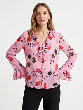 C/MEO COLLECTIVE THE MUPPET RUFFLE BLOUSE IN FLORAL PINK - S